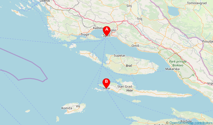 Map of ferry route between Split and Hvar